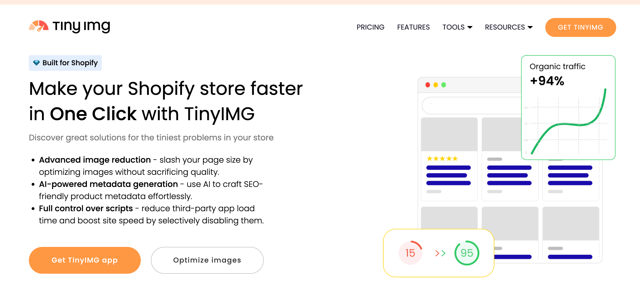 TinyIMG Shopify SEO app dashboard showing image compression and optimization features